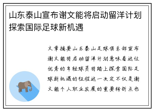 山东泰山宣布谢文能将启动留洋计划探索国际足球新机遇